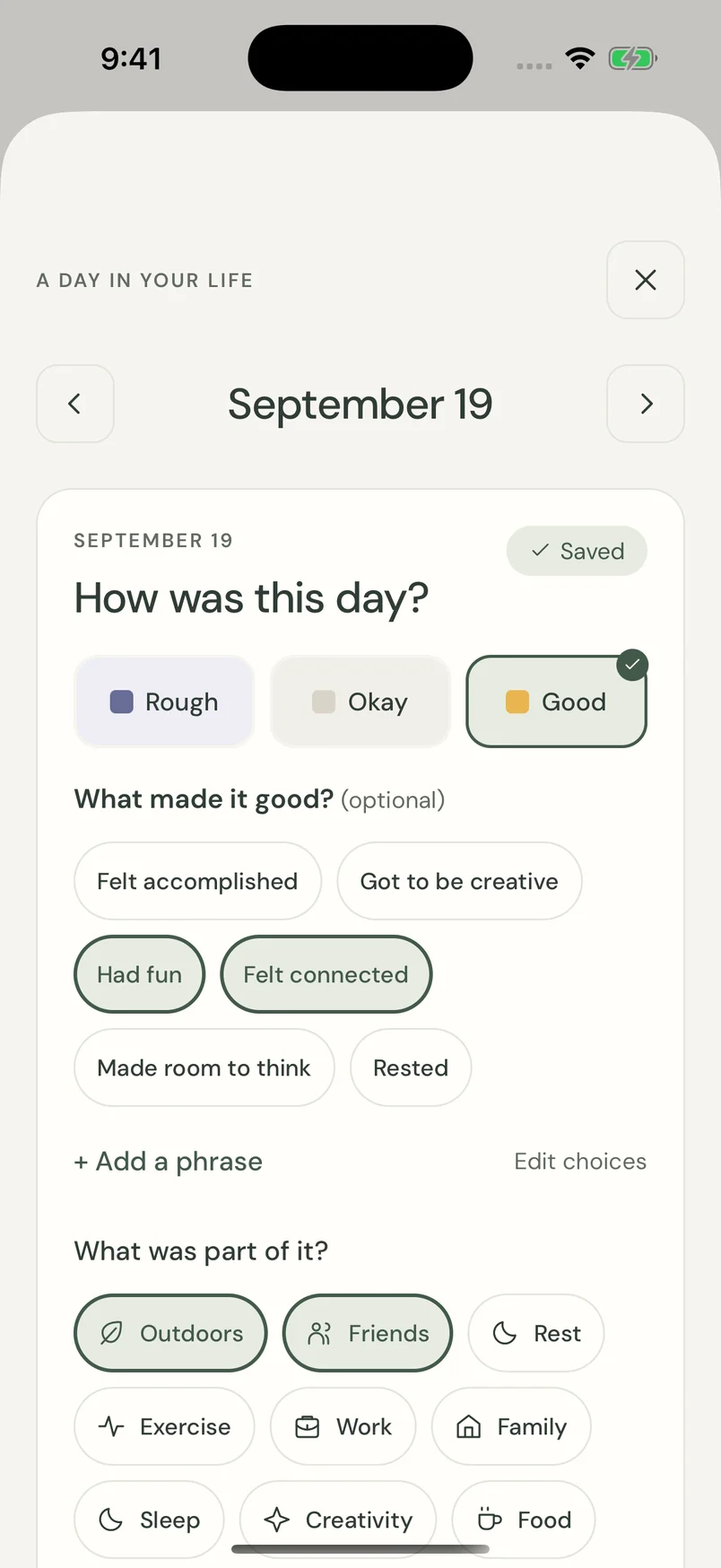 A real Good Days check-in screen with a day rating and activity tags.